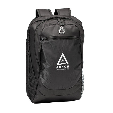 Black backpack with white logo