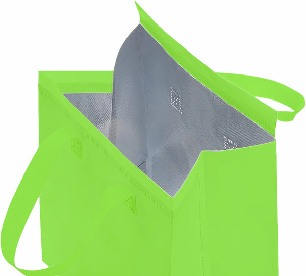 A green thermal bag with a zipper