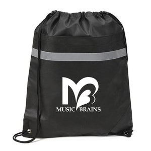 Black drawstring bag with a white "Music Brains" logo