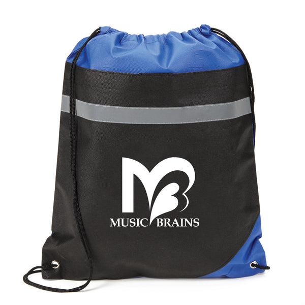 Blue and black drawstring bag with a white "Music Brains" logo