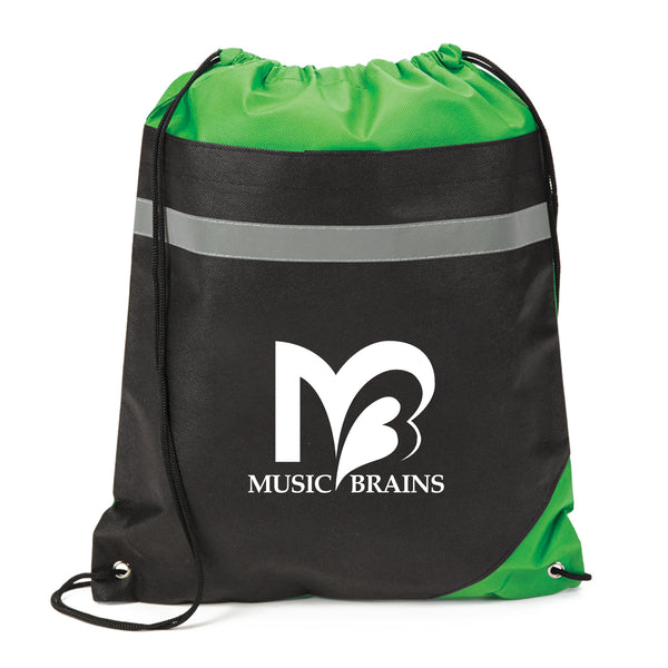 Green and black drawstring bag with a white "Music Brains" logo