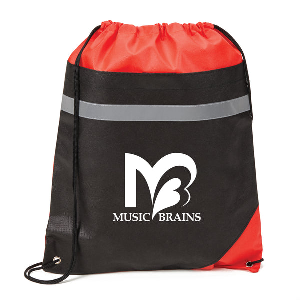 Red and black drawstring bag with a white "Music Brains" logo