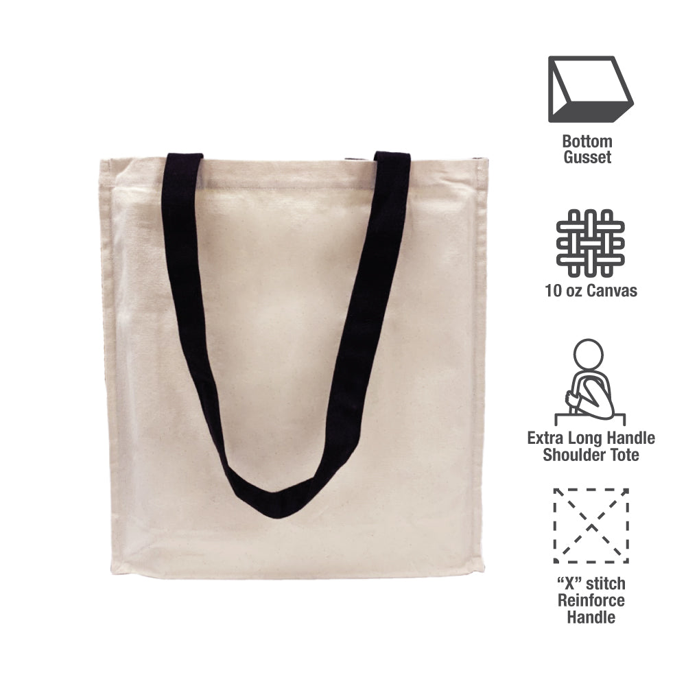 A canvas bag with black handles