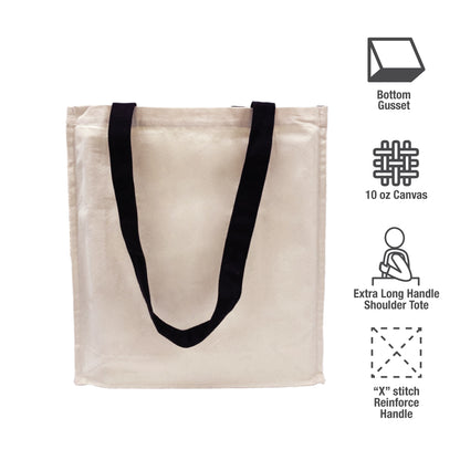 A canvas bag with black handles