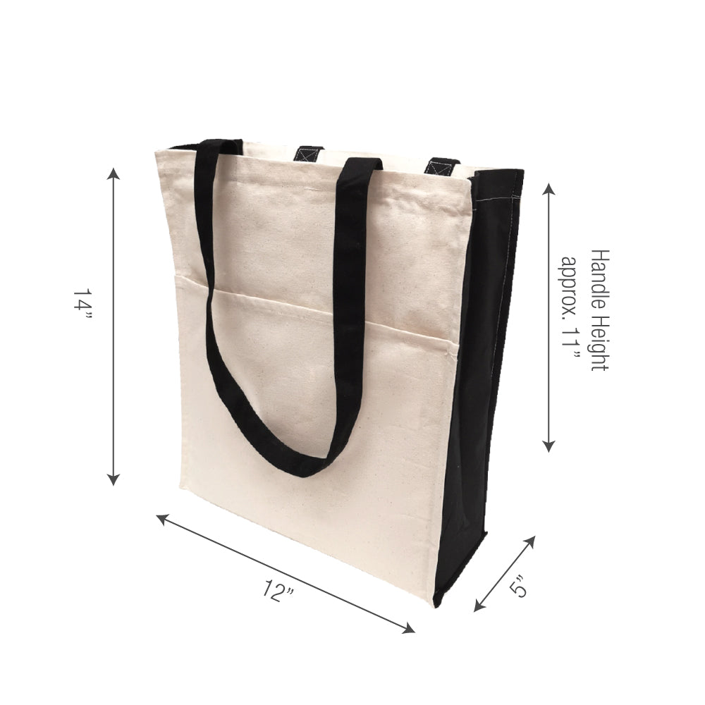 A two tone canvas bag with measurements