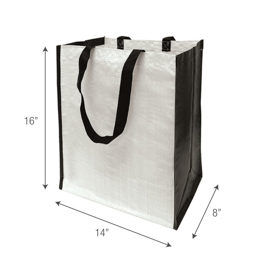 A white shopping bag with black handles and measurements