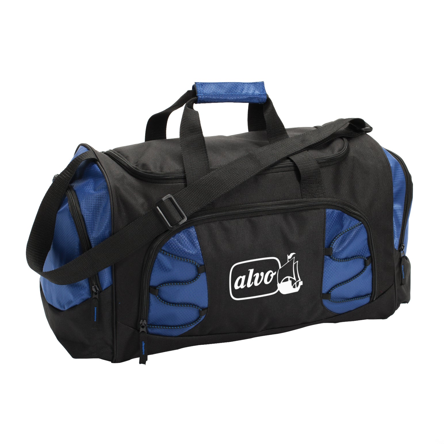 A blue and black duffel bag displaying a white logo