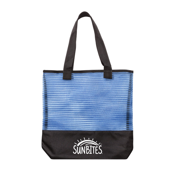 Blue and black mesh tote bag with custom printed logo