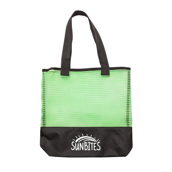 Green and black mesh tote bag with custom printed logo