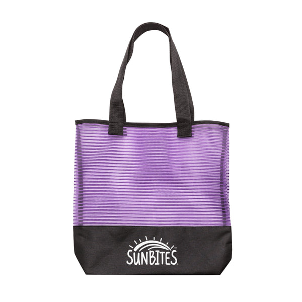 Purple and black mesh tote bag with custom printed logo