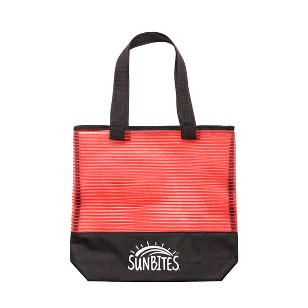 Red and black mesh tote bag with custom printed logo