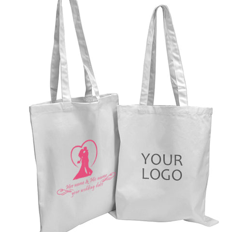 Two white canvas totes with custom printed logo