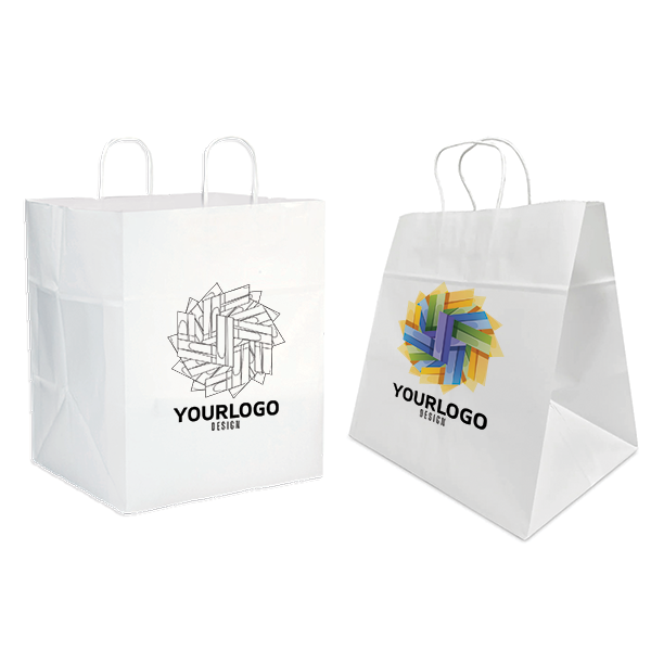 Two white paper bags with a logo on them