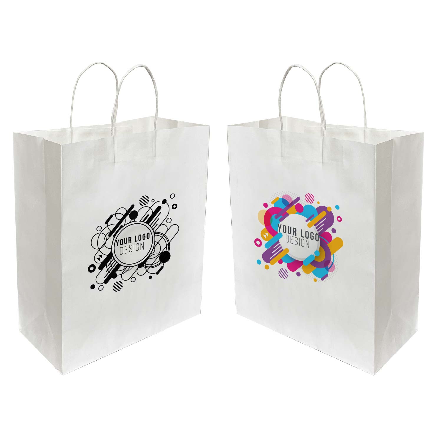 Two white shopping bags with custom printed logo