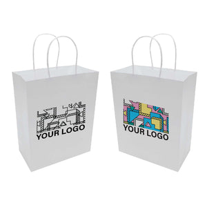 Two white paper bags with single colour and full colour logo