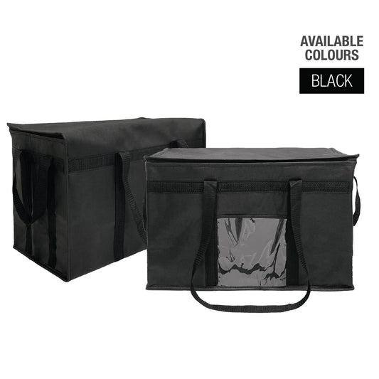 Two black insulated food delivery bags with handles