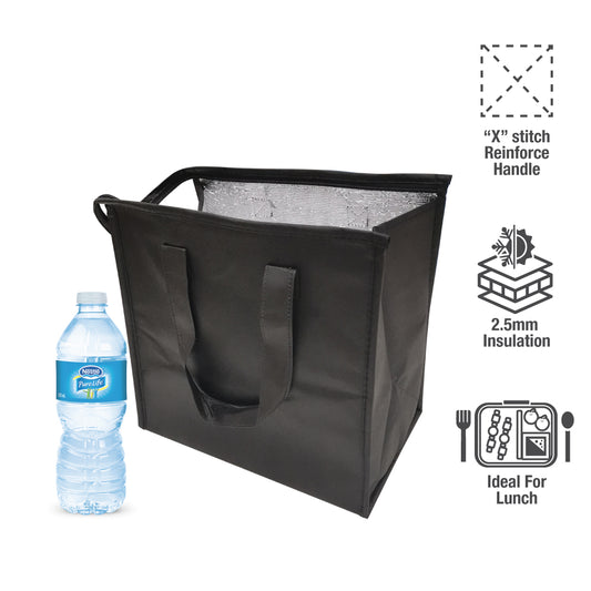 Black insulated food delivery bags with water bottle