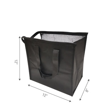 A black thermal delivery bag with a zipper, handles and measurements