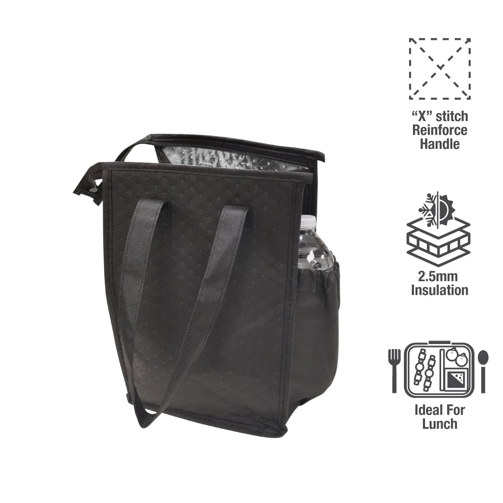 A black insulated lunch bag with zipper, handle and side pocket