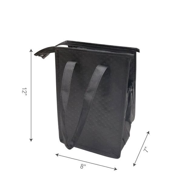 A black insulated lunch bag with dimensions and measurements