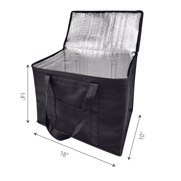 A black insulated cooler bag with zipper, front pocket and measurements