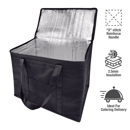 A black thermal delivery bag with a zipper and handle