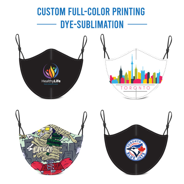 Custom Full Colour Printed Brushed Polyester/Cotton Masks with Adjustable Elastic Earloop - Dye Sublimation Printed,  Individually packed in ziplock bag