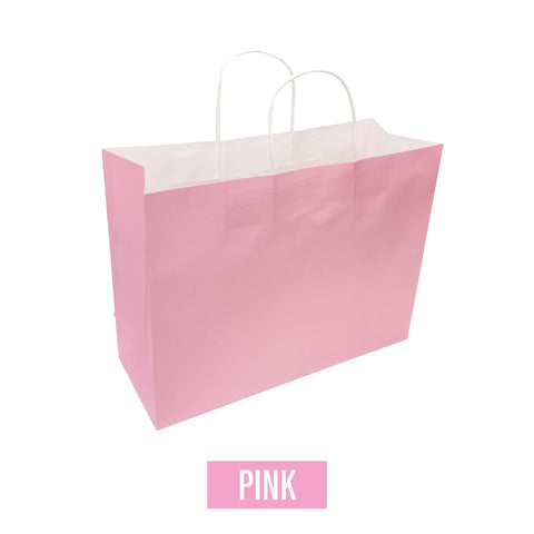 Bulk 250pcs per Box -  Plain/Blank Pink Coloured White Kraft Paper Bags - Fashion Size 16"W x 6"D x 12"H