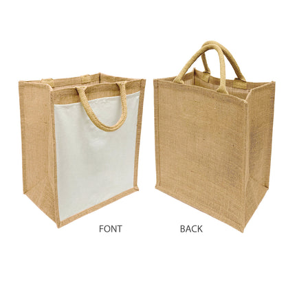 Two jute bags with handles, shown from the front and back