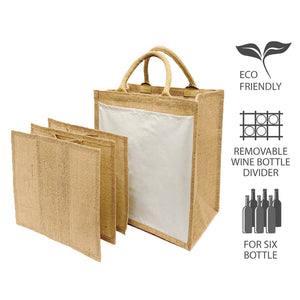 Bulk 10 pcs / Pack - 12"W x 8"D x 14"H - Jute Tote Bag with 6 Bottles Wine Divider